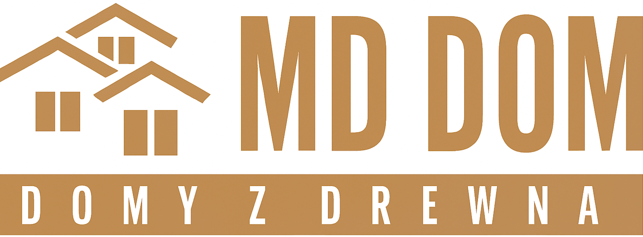 Logo przedstawia brązowy napis "MD DOM" w towarzystwie stylizowanej grafiki domów. Poniżej znajduje się napis "DOMY Z DREWNA", a pod nim rząd gwiazd. Kolorystyka jest utrzymana w odcieniach brązu.